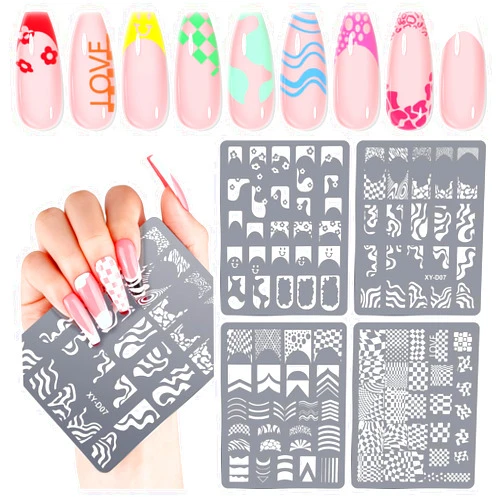 Saviland Nail Art Stamper Plates: 4PCS French Nail Stamping Plates French Line Nail Stamp Templates Plaid Wave Stripes Patterns Nail Stencils Plate Reusable Stainless Steel Nail Tools