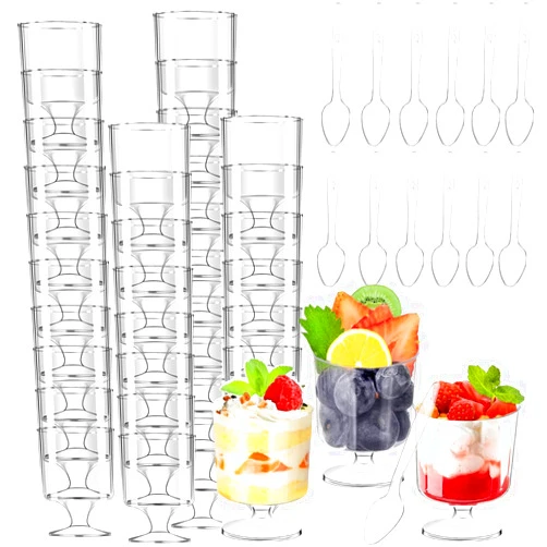 Artuxer 160 Packs Dessert Cups with Spoons, 5 OZ Goblet Mini Clear Plastic Dessert Parfait Cup for Party Serving Cups Fruit Ice Cream Mousse Pudding Appetizer Cup Bowl for Birthday,Party,Wedding