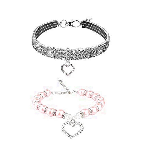WoYous Rhinestones Dog Collar and Pearl Dog Necklace Set, Adjustable Neck Strap Bling Full Diamond Crystal Cute Pearl Dog Collar for Small Girls Cats Puppy Accessary for Wedding Birthday Party (M)