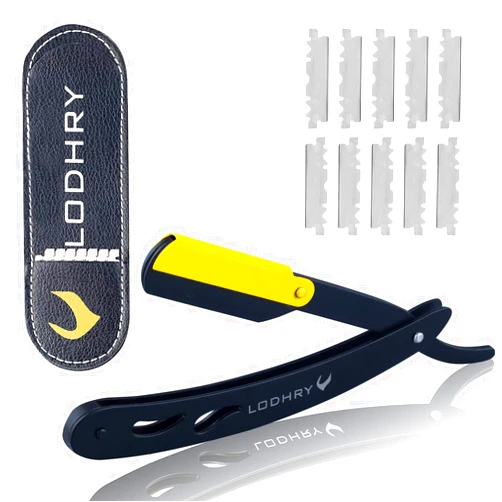 Lodhry Professional Straight Edge Shaving Razor Barber Razors For Men + Single Blades, Men's Manual Shaver Salon Quality Cut Throat Shavette Navajas Para Barbero Matte Black, 11Pcs (Gold Plated Clip)