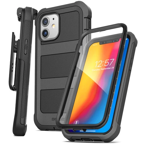 Encased Falcon Armor Designed for iPhone 12 Mini Case with Built-in Screen Protector - Ultra Protective Full-Body Cover with Belt Clip Holster (Black)
