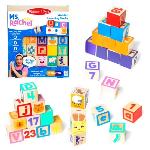 Ms. Rachel Melissa & Doug Letter, Number, and Game Wooden Learning Blocks with Activity Cards for Girls and Boys Toddlers Ages 18 Months+ - FSC-Certified