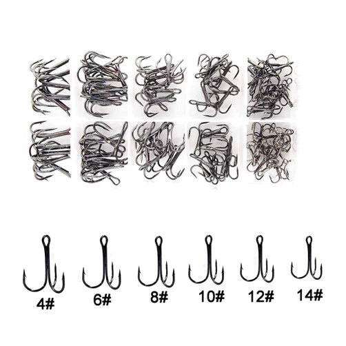 Shaddock Fishing Fishing Treble Hooks Kit High Carbon Steel Hooks Strong Sharp Round Bend for Lures Baits Saltwater Fishing 110pcs/box Mixed 6 Size 4 6 8 10 12 14