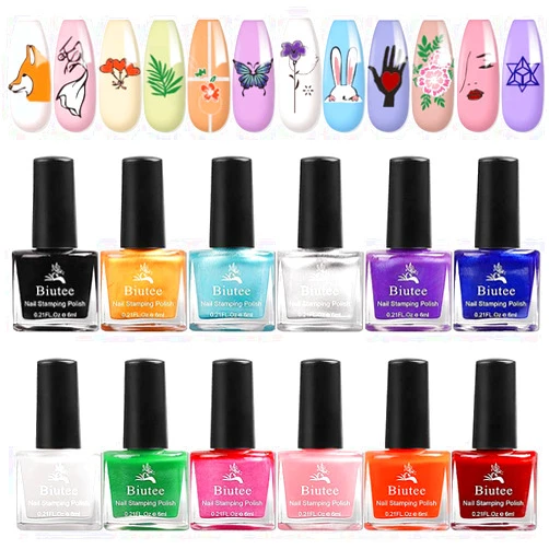 Biutee Nail Stamping Polish Kit 12 Colors Nail Art Stamp Polish Set White Black Red Manicure Print Fingernail Stamp print Polish for Stamping Plates Holiday (Air Dry)