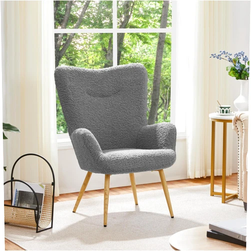Yaheetech Boucle Accent Chair, Modern Fabric Armchair, Comfy Fluffy Barrel Chair, Reading Chair with High Folding Backrest and Metal Legs for Living Room/Bedroom/Home/Office, Gray
