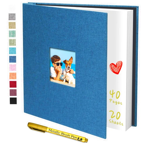 Yopih Photo Album Self Adhesive with Writting Space for 4x6 5x7 8x10 Pictures Scrapbook Album Linen Hardcover Blue DIY Length 11x10.6 Inch 40 Pages with A Metallie Pen