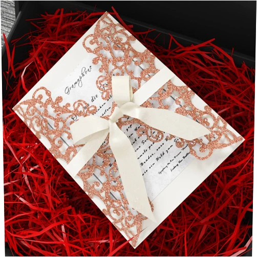 KIKitchen 25PCS Wedding Invitation Cards, Quinceanera Invitations Laser Cut Wedding Invitations Blank Inner Sheet Ribbons and Envelopes Kit for Wedding Birthday Bridal Shower Party Invite (Apple Gold)