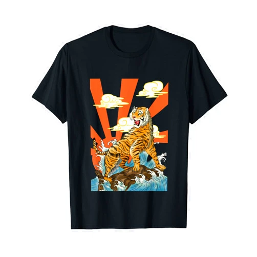 Fox Republic Design Majestic Tiger Roaring Over Waves with Rising Sun Backdrop T-Shirt