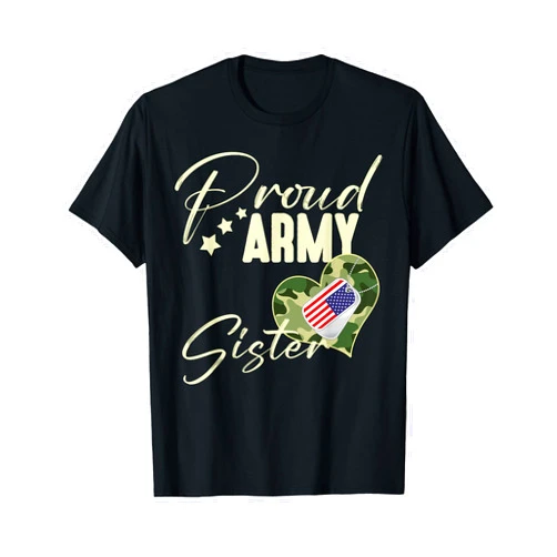 Vintage Proud Veteran Family Mother Father's Day Proud Army SISTER Camouflage Dog Tag USA American Flag T-Shirt