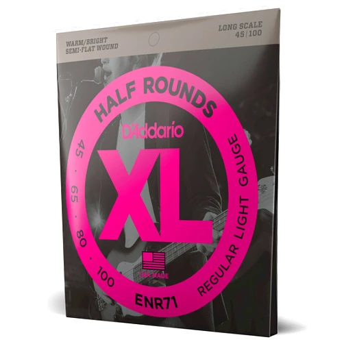 D'Addario Bass Guitar Strings, XL Nickel Half Rounds, ENR71, Long Scale, Regular Light Gauge 45-100, 4-String Set, Pack of 1