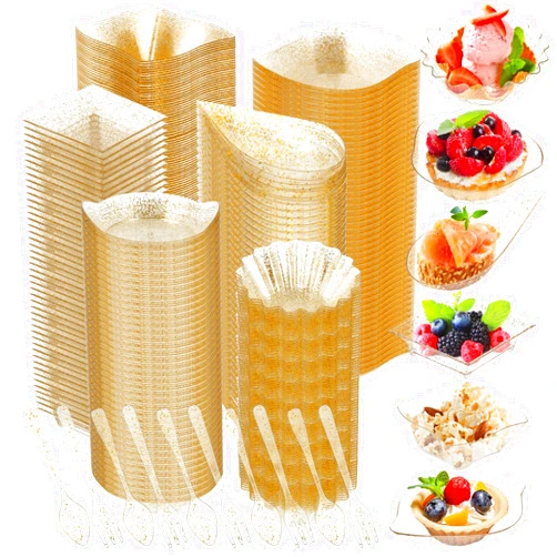 Tessco for you 1200 Pcs Mini Appetizer Plates Set Including 6 Shapes Disposable Mini Dessert Cups, Spoons and Forks for Party Wedding Pudding Ice Cream (Gold)