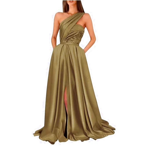 Husplu Satin One Shoulder Prom Dresses for Women 2024 Lace Appliques Formal Evening Dresses with Pockets