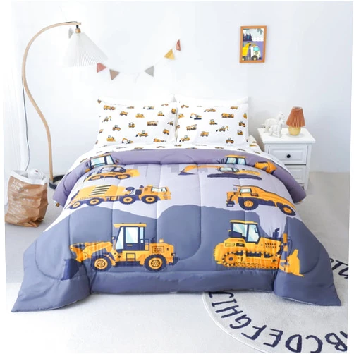 Cokouchyi Full Size Comforter Set for Boys, 5-Piece Bed in a Bag, 3D Construction Bedding Comforter Sheet Set, Ultra Soft and Fluffy, Cartoon Truck Cars
