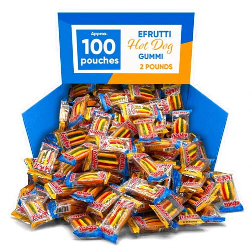 CHAIN & JO SWEETS Efrutti Hot Dog Gummi Candy 2 pounds approx 100 pieces - Individually Wrapped Hot Dogs, Bulk Candy Gummies, Mini Hot Dog Gummy Candy, Party Decorations - Gummy Candy Hot Dogs in Bulk