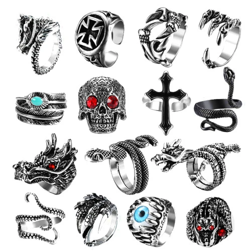 Jstyle 15Pcs Vintage Punk Rings for Men Women Snake Ring Dragon Open Rings Set Knuckle Stacking Ring Boho Finger Rings