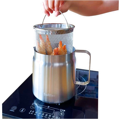 Saltlas Deep Fryer Pot with Basket and Oil Strainer, 304 Stainless Steel Deep Frying Pot for French Fries, Chicken, or Japanese Tempura, 2L (2Qt)