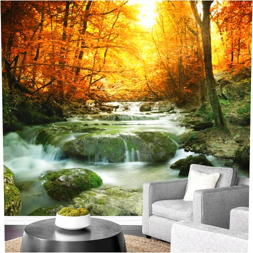 wall26 - Golden Leaves and Forest Waterfall Serene - Landscape - Wall Mural, Removable Sticker - 66x96 inches