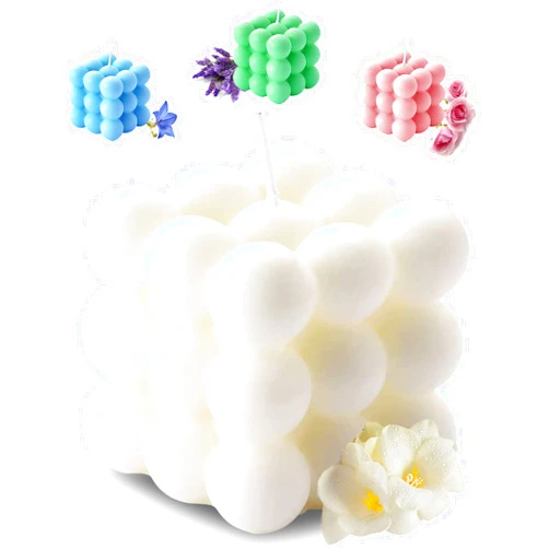 Aokala Scented Bubble Cube Candles for Home, Scented, 5.4 oz Soy Wax Aromatherapy Candle, Aesthetic Room Decor Cute Danish Pastel Large Decorative Shaped Candles Gifts - Freesia(White)