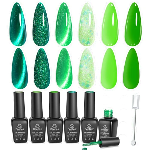 Beetles Gel Polish Beetles Green Gel Nail Polish Set, Cat Eye Jelly Gel Polish with Color Swatch Dots Magnet, 6 Color Glitter Enchanted Forest Theme for Salon Gel Manicure Nail Art DIY at Home