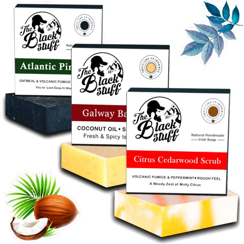 The Black Stuff All Natural Organic Soap Bar - Pack of 3 Soaps with Organic Ingredients and Essential Oils - Handmade, Fragranced Soaps for Men - Pine Tar, Citrus Cedarwood and Bay Rum Soaps.