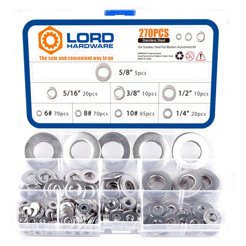 LordHardware 270PCS Stainless Steel SAE Flat Washers Assortment Hardware Kit 5/8'' 1/2'' 3/8'' 5/16'' 1/4'' 6# 8# 10# (Silver)