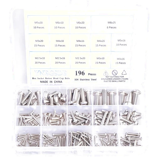 YNEGSDE M2.5 M3 M4 M5 M6 M8 Button Head Socket Cap Bolts Screws 304 Stainless Steel Metric Bolt Assortment, Allen Socket Drive, Fully Machine Threaded 196 Pieces