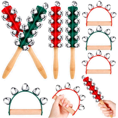 LEIFIDE 8 Pieces Christmas Handle Sleigh Bells Wooden Hand Bells Handhold Shaker Bells Musical Percussion Instrument for Christmas Holiday Music Party Decoration Birthday Gifts