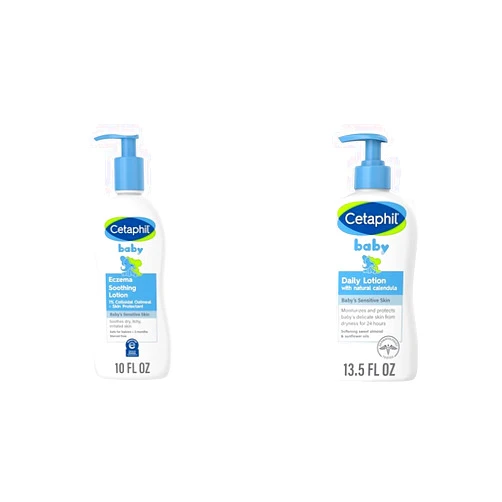 Cetaphil Baby Eczema Soothing Lotion, Colloidal Oatmeal, Paraben Free, Hypoallergenic, Dry Skin, 10 Fluid Ounce & Baby Daily Lotion with Organic Calendula, New 13.5 fl oz, Vitamin E