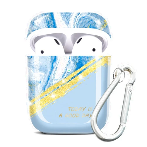 JIAXIUFEN AirPods Case Cover Gold Sparkle Glitter Design Cute Full Protective Silicone TPU Skin Accessories for Women Girl with Keychain for AirPods 2 & 1 Charging Case Day Blue