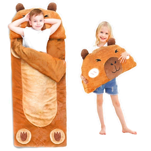 iPlay, iLearn Kid Sleeping Bag, Plush Capybara Slumber Bag, Toddler Girl Boy Nap Mat, 2 In 1 Brown Animal Pillow, Happy Travel Sleepover Daycare Preschool Birthday Gift for Age 3 4 5 6 7 8 10 12 Child