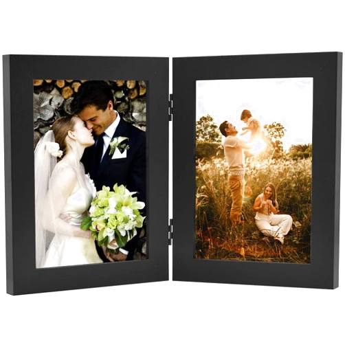 Golden State Art, 5x7 Double Picture Frame Vertical Hinged Photo Frame 2 Opening Folding Family Frames Collage, with Real Glass (5x7, Black, 1-Pack)