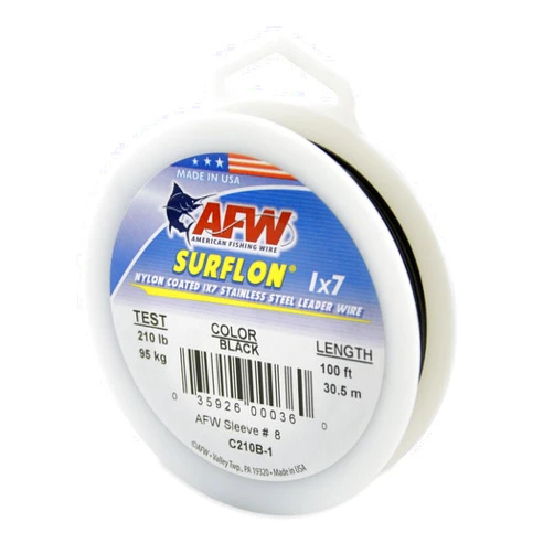 AFW American Fishing Wire Surflon Nylon Coated 1x7 Stainless Steel Leader Wire - Fishing Leader Line for Saltwater, 10lb Test - 250lb Test in Bright, Black, Camo in 30ft, 100ft, 300ft and 1,000ft Lengths