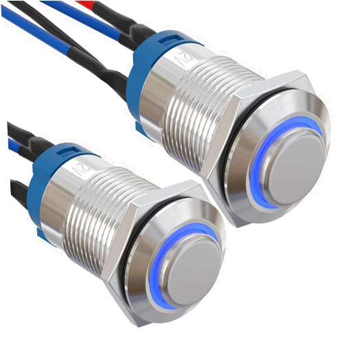 APIELE (Pcs of 2) 12mm Latching Push Button Switch High Round Head Stainless Steel 1 Normally Open with Ring Led (Blue)