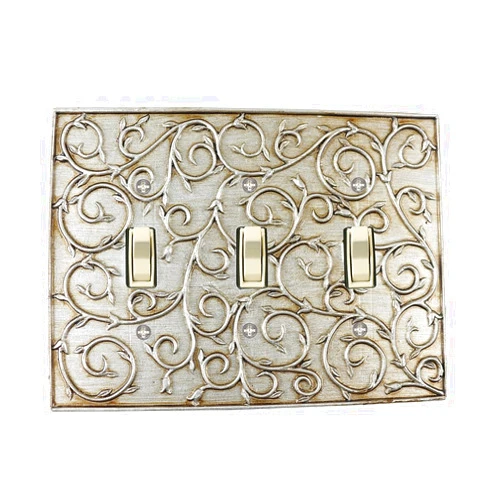Meriville French Scroll 3 Toggle Wallplate, Triple Switch Electrical Cover Plate, Aged Silver
