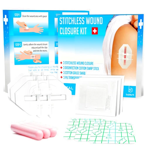 BaMark 3 Set Zip Stitches Wound Closure Kit - Laceration Closure Strips for Wound Care & Dressings - Painless & Stitch Free Butterfly Bandages - Bandage Without Suture - Quick Skin Repair Device