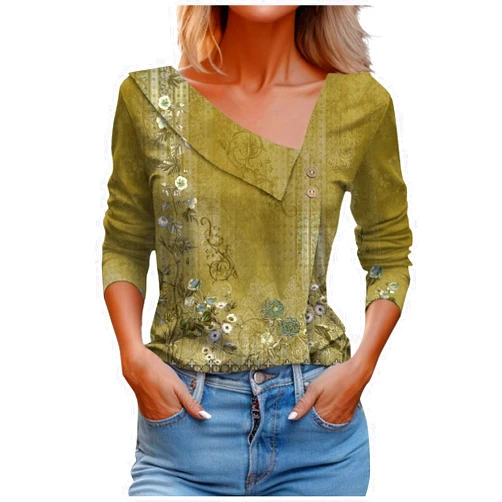 EWASWON Womens V Neck Button Down Shirts 2024 Floral Print Long Sleeve Tops Loose Fit Tunic Top Casual Trendy Fall Shirt