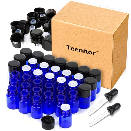 Teenitor Essential Oils Sample Bottles, 36 Pcs 2 ml (5/8 Dram) Cobalt Blue Oil Bottles For Essential oils, Amber Glass Vials With 2 Free Glass Transfer Eye droppers