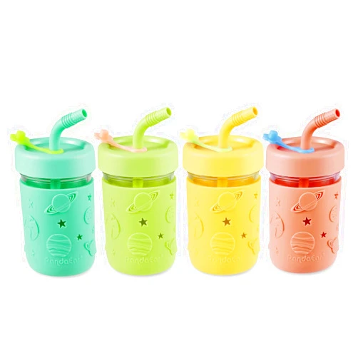 PandaEar Kids & Toddler Glass Cups, 4 Pack Glass Mason Jar Cups 8.45 oz with Silicone Sleeves & Straws, Toddler Spill-Proof Smoothie & Snack Cups