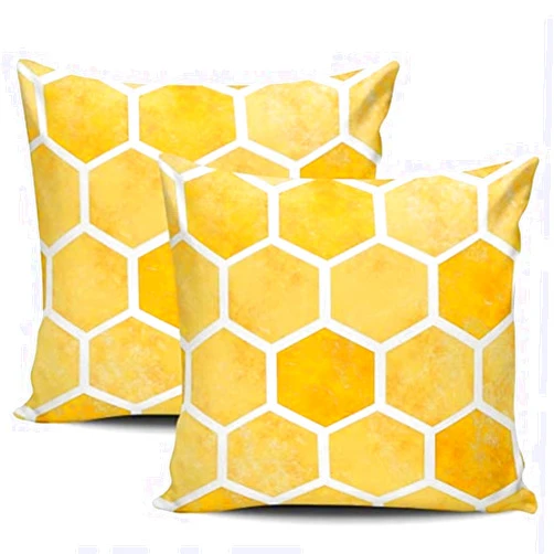 WEINIYA Sofa Decoration Pillowcases 2 Pack Yellow Hexagon Honeycomb Bee Square Cushion Case Throw Pillow Covers 16x16 Inch Double Sides Print
