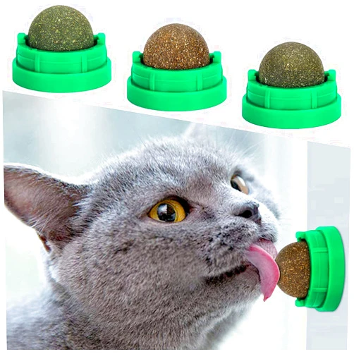 SINROBO 3 Pack Catnip Balls, Catnip Ball for Cats Wall, Edible Kitty Toys for Cats Lick, Safe Healthy Kitten Chew Toys, Teeth Cleaning Dental Cat Toys, Cat Wall Treats (Green)