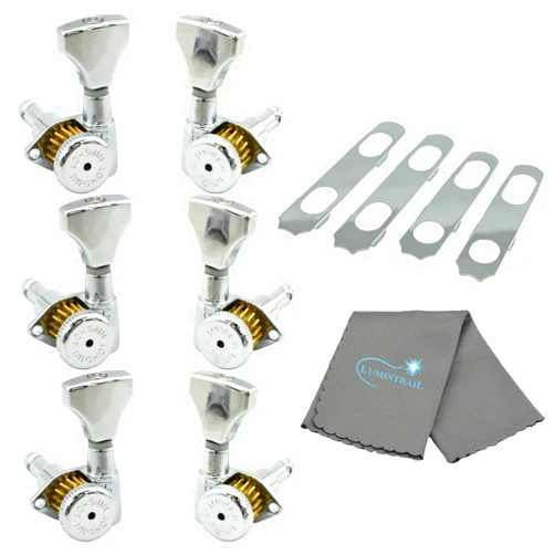 Hipshot Guitar Tuner Upgrade Kit (3+3 Headstocks) Chrome Grip-Lock Open Bundle with a Lumintrail Polishing Cloth