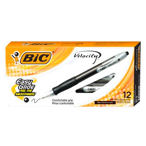 BIC Velocity Retractable Ballpoint Pens, Medium Point (1.0 mm), Black Ink Pens, 12-Count Pack, With Comfortable Grip
