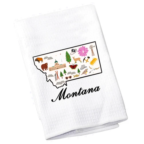 LEVLO Montana State Map Dish Towel Treasure State Mom Gift MT Housewarming Kitchen Towel Travel Lover Gift (Montana)