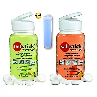 SaltStick FASTCHEWS® Variety 2-Pack - 60 Count Bottles of Tart Orange & Zesty Lemon-Lime with Free Race Ready Tube