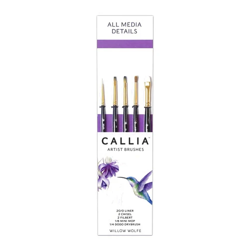Willow Wolfe Callia Mixed Media Artist Paint Brush Set, Synthetic, Multicolor, Small, Medium, Large, 1/4 inches, 5 Piece Professional Set #1300