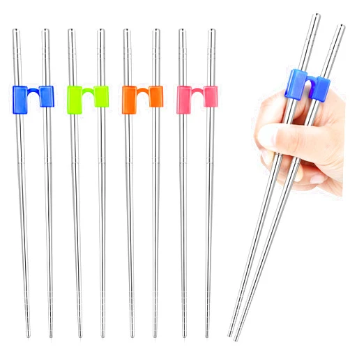 Tessco 5 Pairs Reusable Chopstick Helpers Non Slippery Training Chopsticks for Adult Replaceable Practice Chopsticks Heat Resistant Chopsticks Holder with Clip for Trainer (Silver, Stainless Steel)