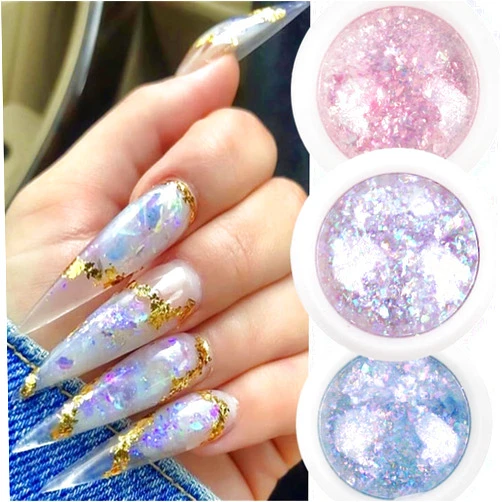 KCXUUYS 4 Boxes Opal Chrome Nail Art Powder Holographic Glitter Nails Flakes Irregular Shiny Mermaid Sequins Pink Purple Manicure Paillettes Nail Art Decorations