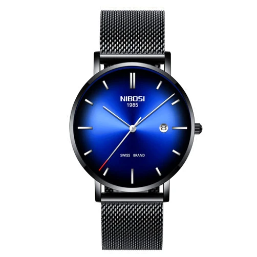 NIBOSI Mens Watch Ultra Thin Wrist Watches for Men Fashion Waterproof Dress Black Stainless Steel Band
