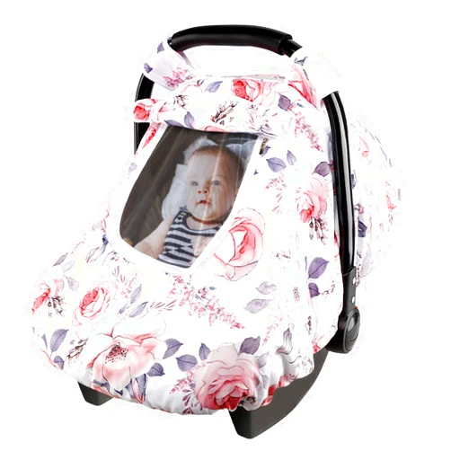 SWESEN Car Seat Covers for Babies, Winter Carseat Cover Girls, Mink Infant Car Seat Canopy, Cozy & Warm Cover, Pink Floral