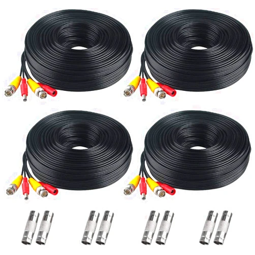 LETANG BNC Cable, 200ft 4Pack All-in-One Siamese Video and Power Security Camera Wire Cord with 2 Female Connectors for All Max 5MP HD CCTV DVR Surveillance System